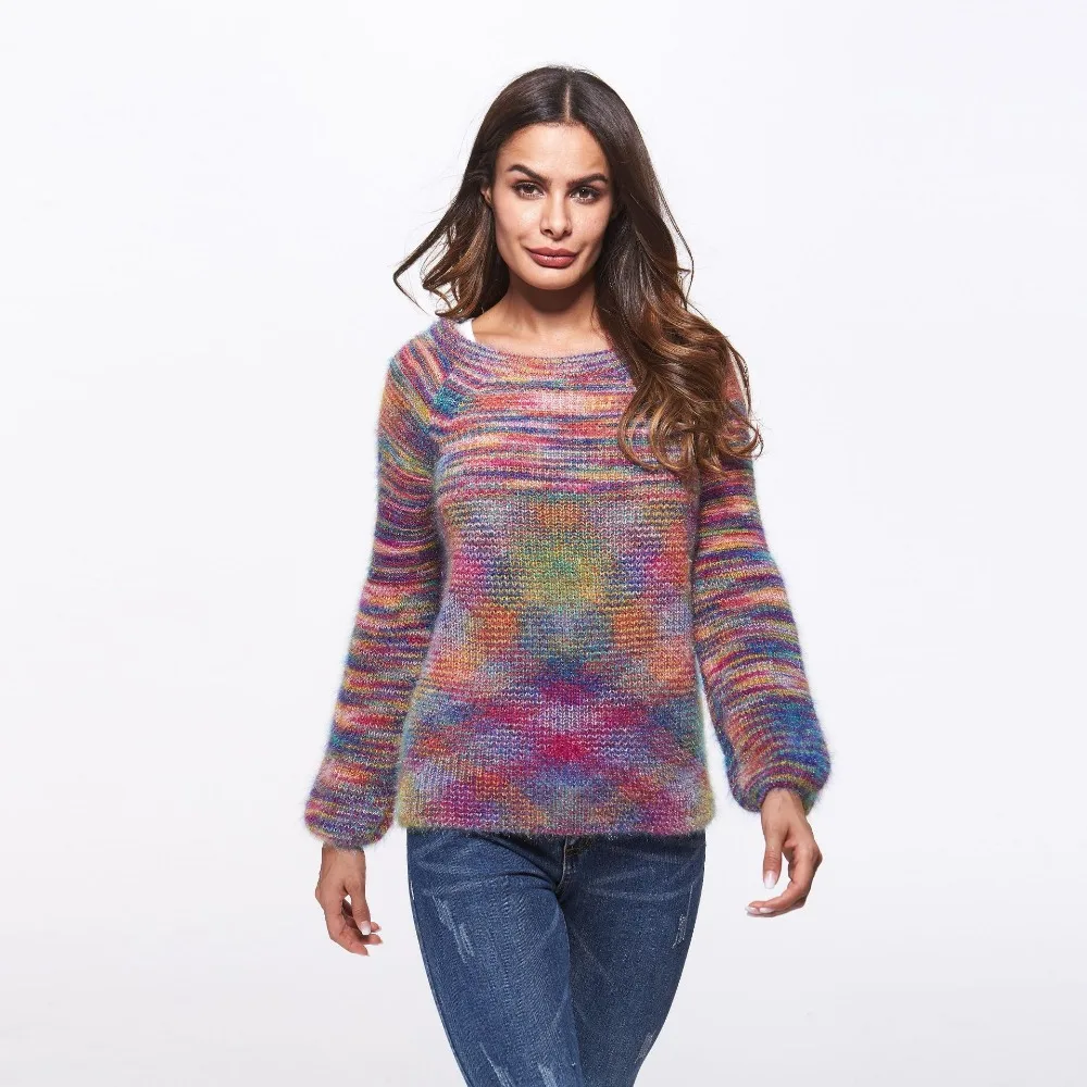 Casual Women Mohair Knitted Top Soft Warm Autumn Colorful Pullovers O-Neck Winter Sweater | Женская одежда