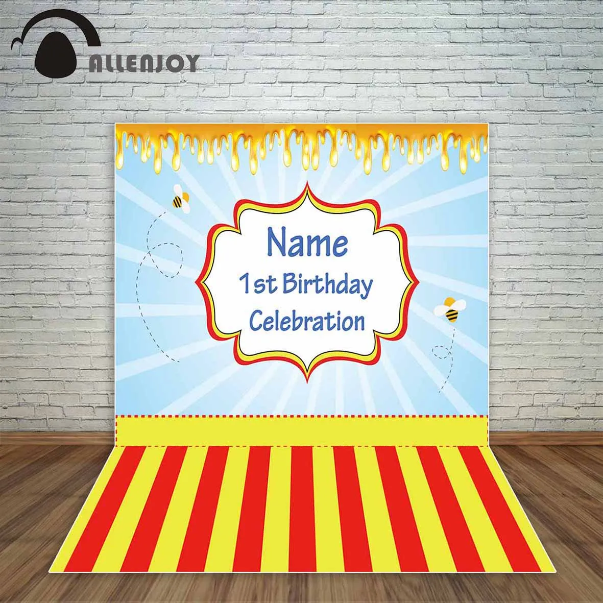 

Allenjoy photocall photographic background honey bees yellow white stripes sweet blue children birthday fotografia backdrop