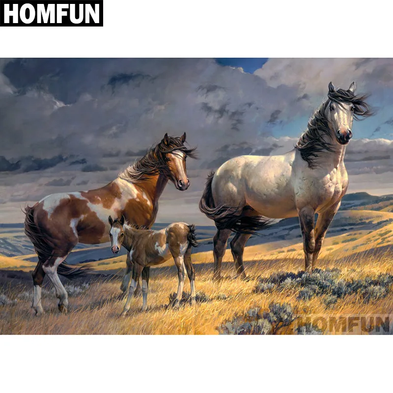 Алмазная живопись HOMFUN полноразмерная/круглая вышивка крестиком Семья лошадей 5D