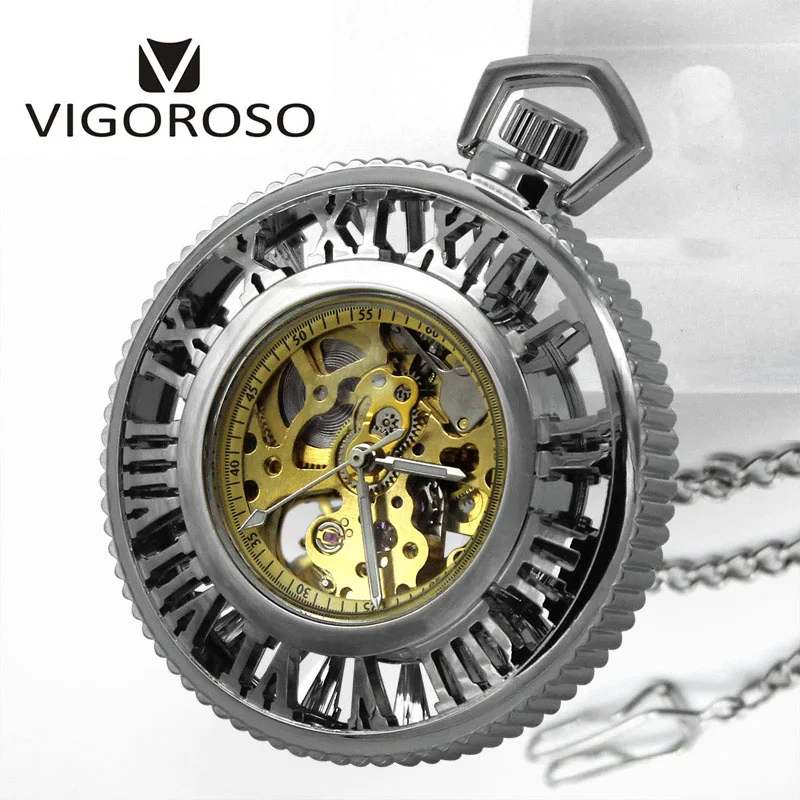 Silver VIGOROSO бренд стимпанк Скелет Прозрачный открытый лицо римские цифры ручной Заводной механический карманные часы брелок цепь мода - Цвет: Silver