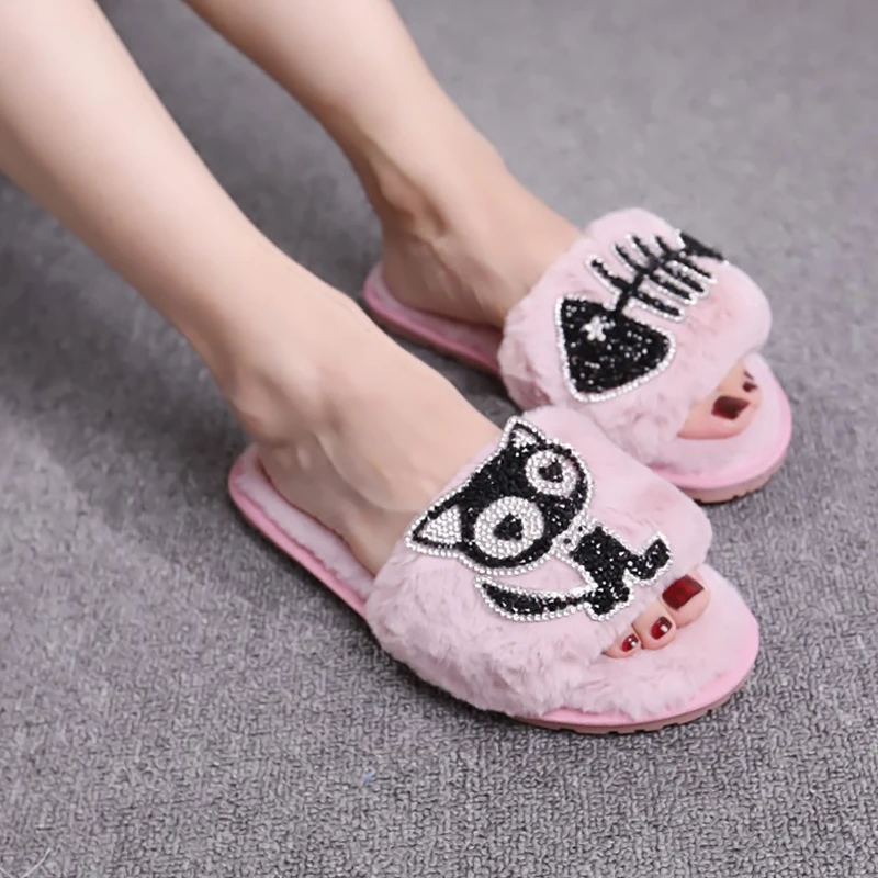 Тапочки домашние женские мягкие Нескользящие плоская подошва мультяшный Кот