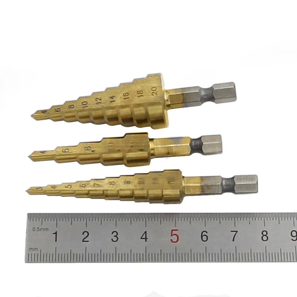 3pcs/set HSS Step Drill Bit Set Titanium Hex Shank Cone Cutting Tools Multifunction Woodworking Wood Metal Drilling With Pouch |