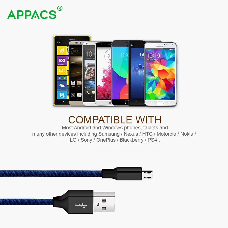 APPACS нейлоновый Плетеный Micro USB 2 0 кабель для синхронизации данных 5V2.1A Быстрая