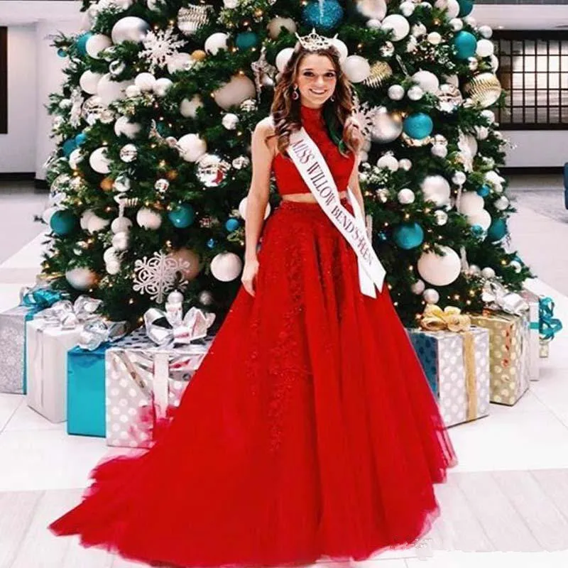 

Red Prom Dresses A-line High Collar Tulle Lace Beaded Two Pieces Maxys Long Prom Gown Evening Dresses Robe De Soiree