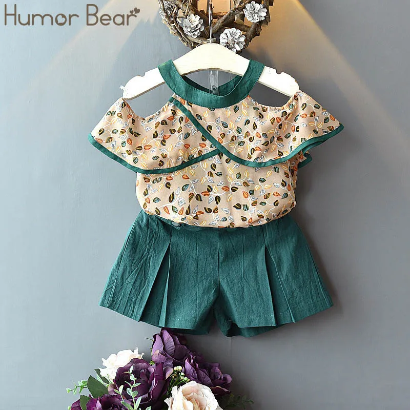 Humor Bear/комплект одежды для девочек; коллекция года; летняя модная футболка без бретелек с изображением листьев и плеча+ шорты; Детский костюм; боди; одежда для маленьких девочек