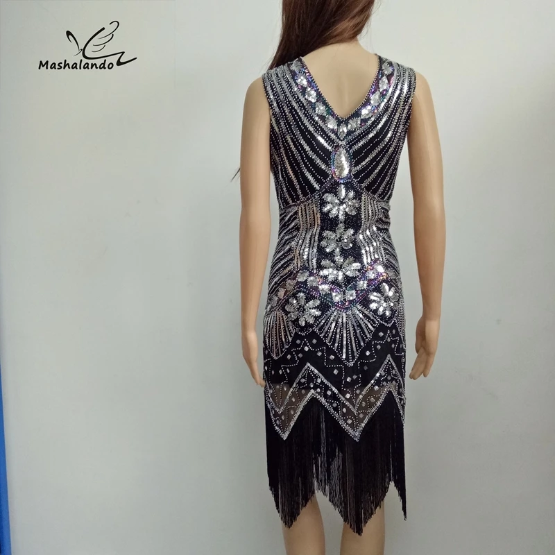 Платье С Блестками Бисером v образным вырезом и кисточками длинное черное