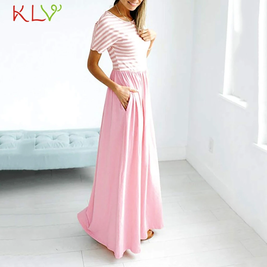 Длинное женское платье элегантное макси в полоску с карманом повседневное