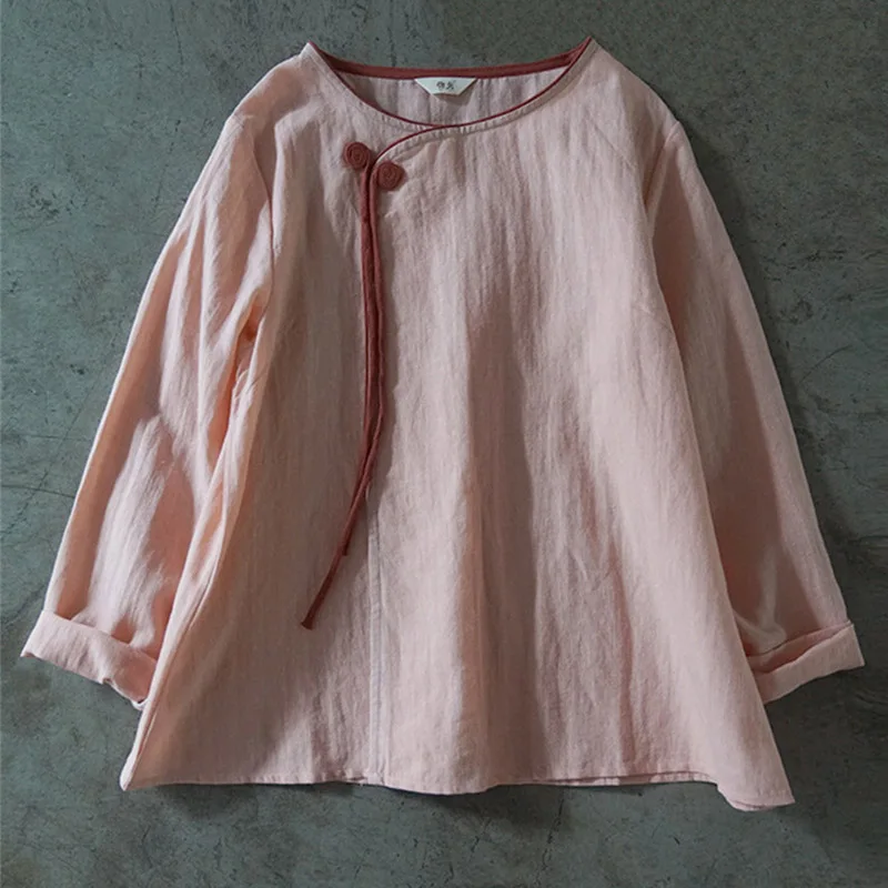 Pink SCUWLINEN весна лето женская рубашка винтажная однотонная контрастная цветная Свободная Повседневная льняная блузка с длинным рукавом и кисточками для женщин P035 - Цвет: Pink