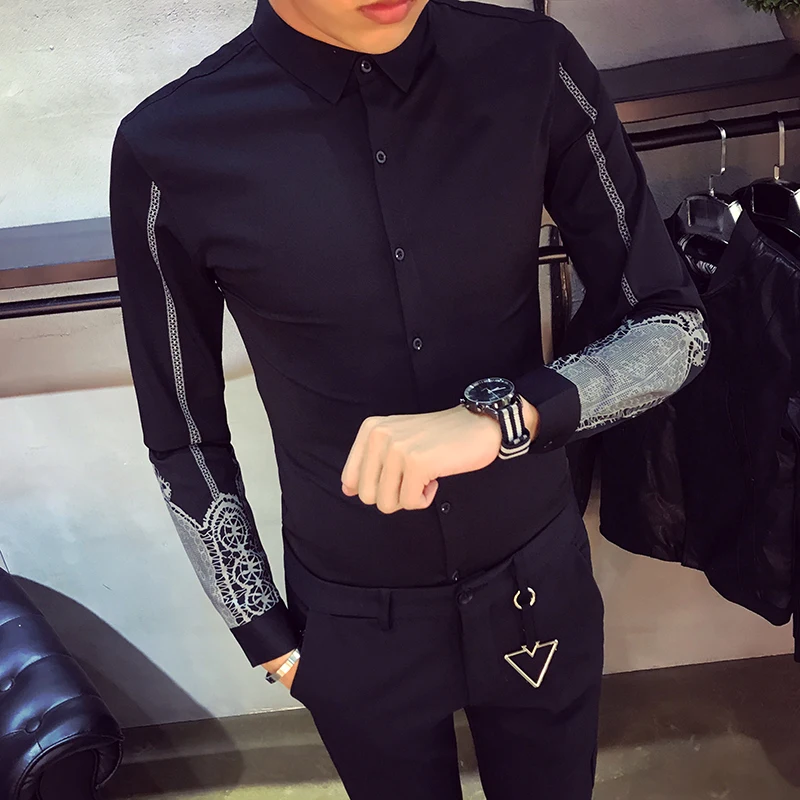 

Hot Men Tuxedo Shirt 2020 Spring New Print Slim Fit Party Dress Shirts Long Sleeve Night Club Social Men's Shirts Black/White