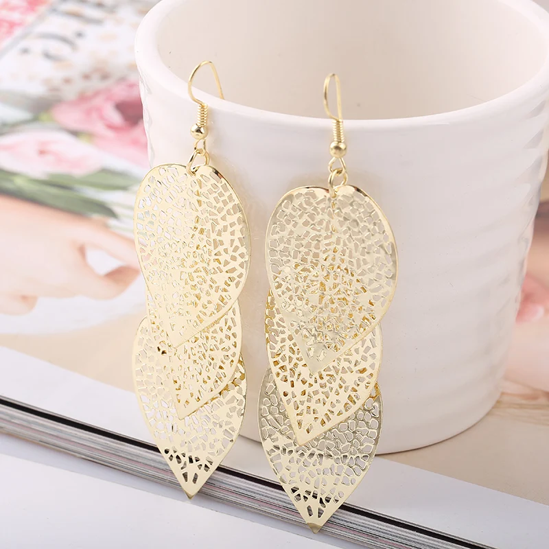 gold pierced Бренд Grace Jun, 4 цвета на выбор, большие, 3 листа, клипсы, без пирсинга, для женщин, для вечеринки, модные, роскошные, массивные серьги, Новинка - Окраска металла: gold pierced