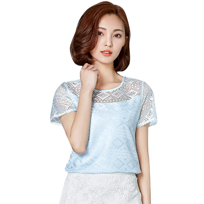 Summer Women White Pink Elegant Lace Blouse Femme Chiffon Shirts Tops Short Sleeve Blusas Feminina Hollow Out Blouses|Блузки| |