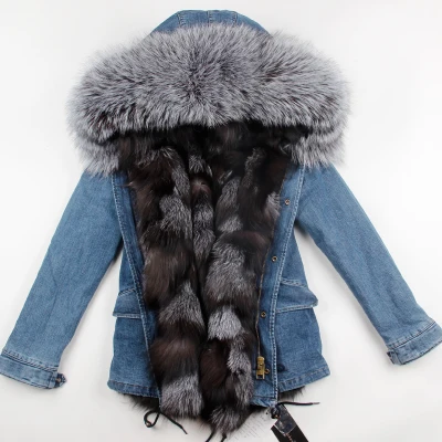 grey fur MAOMAOKONG/Новинка года; женская зимняя толстая верхняя одежда с подкладкой из натурального меха енота - Цвет: grey fur