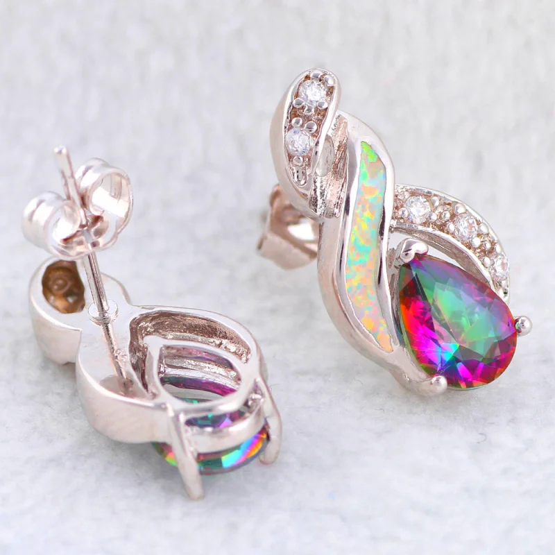 

Ayowei Water Drop Design Mysterious Zircon 925 Silver Fashion Jewelry White Fire Opal Multicolor Crystal Stud Earrings OE607A
