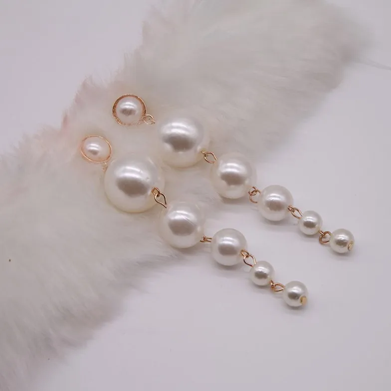 

Free shipping Trendy Elegant Created Big Simulated Pearl Long Earrings Pearls String Statement Earrings For Wedding Party Gift