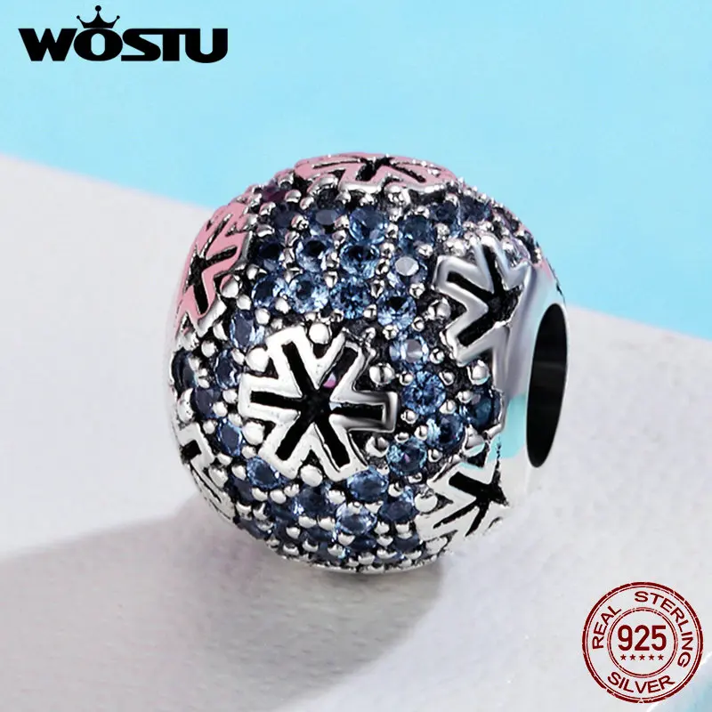 WOSTU, зимний стиль, 925 пробы, серебряный, ажурный, снежинка, голубой CZ бисер, подходят к оригиналу, браслеты с подвесками, сделай сам, ювелирное изделие, подарок CQC402