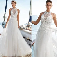 high halter neckline lace applique a line soft tulle wedding dress with illusion lace button back sweep train bridal dress