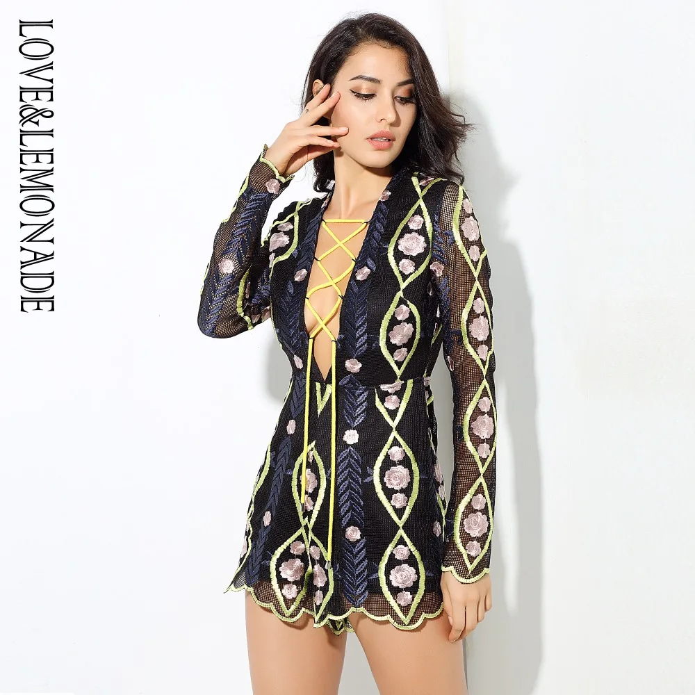 Love & лимонад сексуальный вырез геометрический узор Кружево бандажи Playsuit LM0336|playsuit