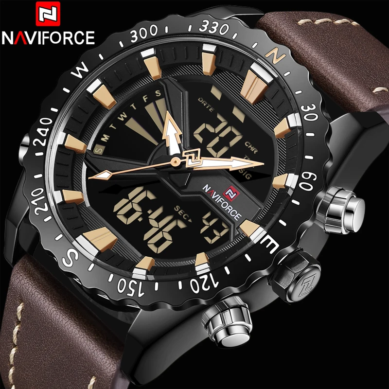 NAVIFORCE мужские часы кожаные спортивные Мужские Аналоговые Кварцевые светодиодный