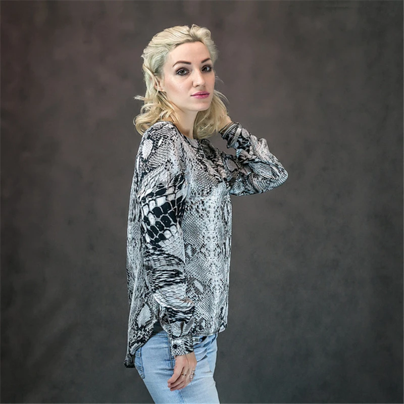 Sheinside серая Повседневная V-Cut Шея змеиная кожа Топ Офисная Женская рабочая одежда с длинным рукавом рубашка осенние женские топы и блузки