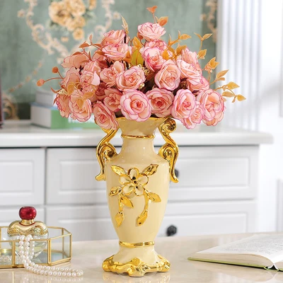 A With flowers Роскошная Европейская позолоченная керамическая ваза для домашнего декора Креативный дизайн фарфоровая декоративная ваза для цветов для свадебного украшения - Цвет: A With flowers