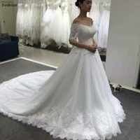 white ivory a line boat neck half sleeve netting lace applique floor length bridal gown wedding dresses