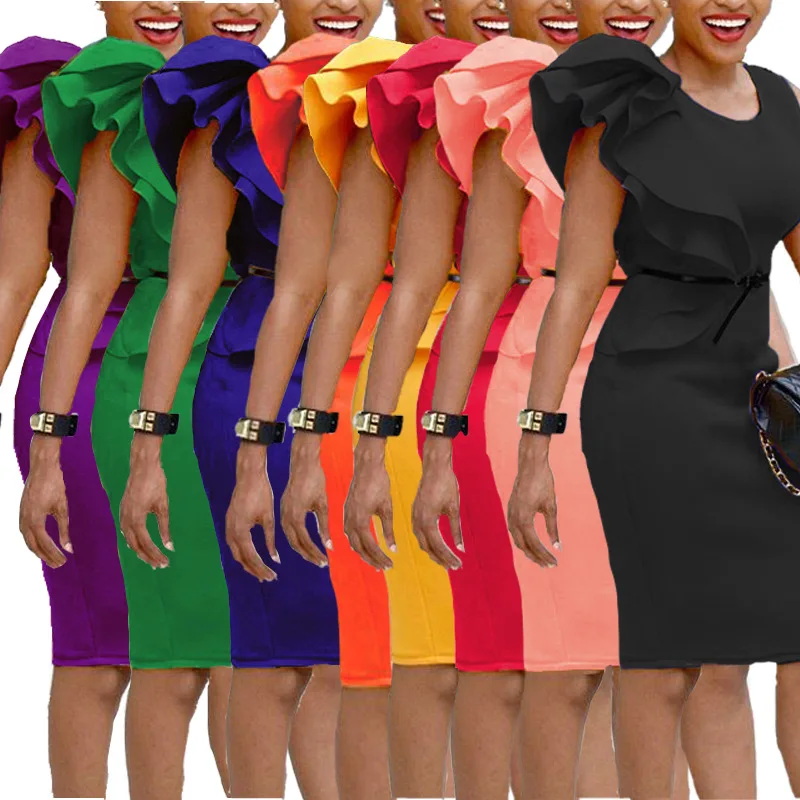 

Sleeveless Ruffle Layered Flounce Trim O Neck Party Bodycon Dress Women Summer Knee Length Slim Pencil Dress