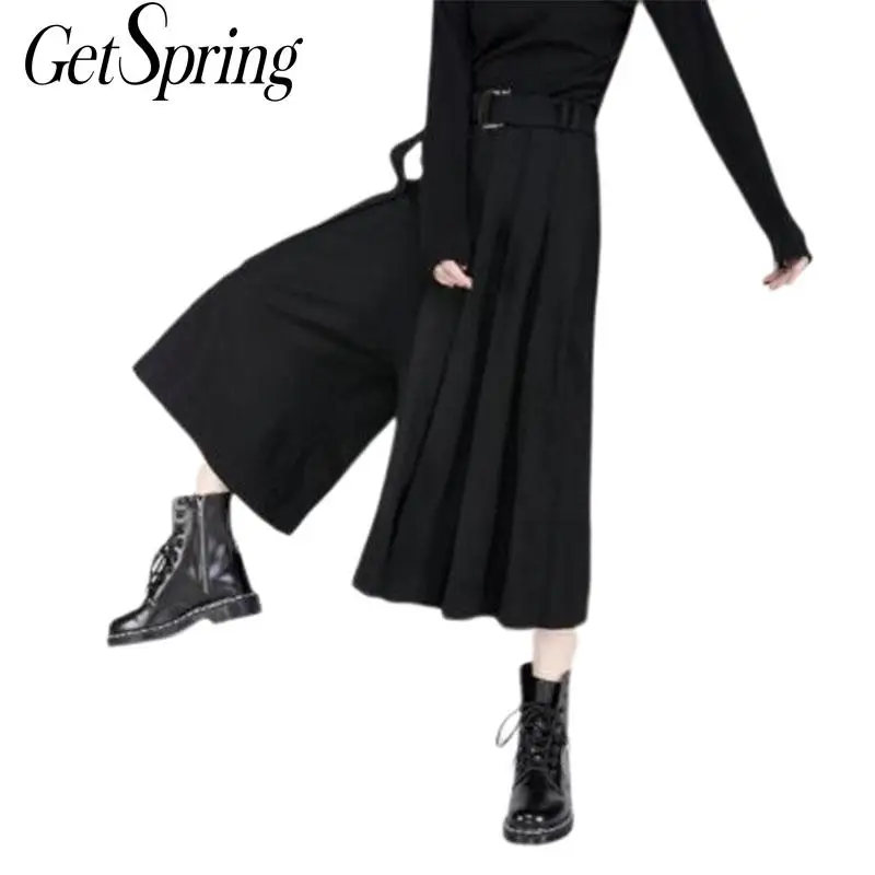

GETSRING Women Pants High Waisted Wide Leg Pants Loose Pleated Skirt Pants Asymmetrical Wool Trousers Black Female Trousers 2019