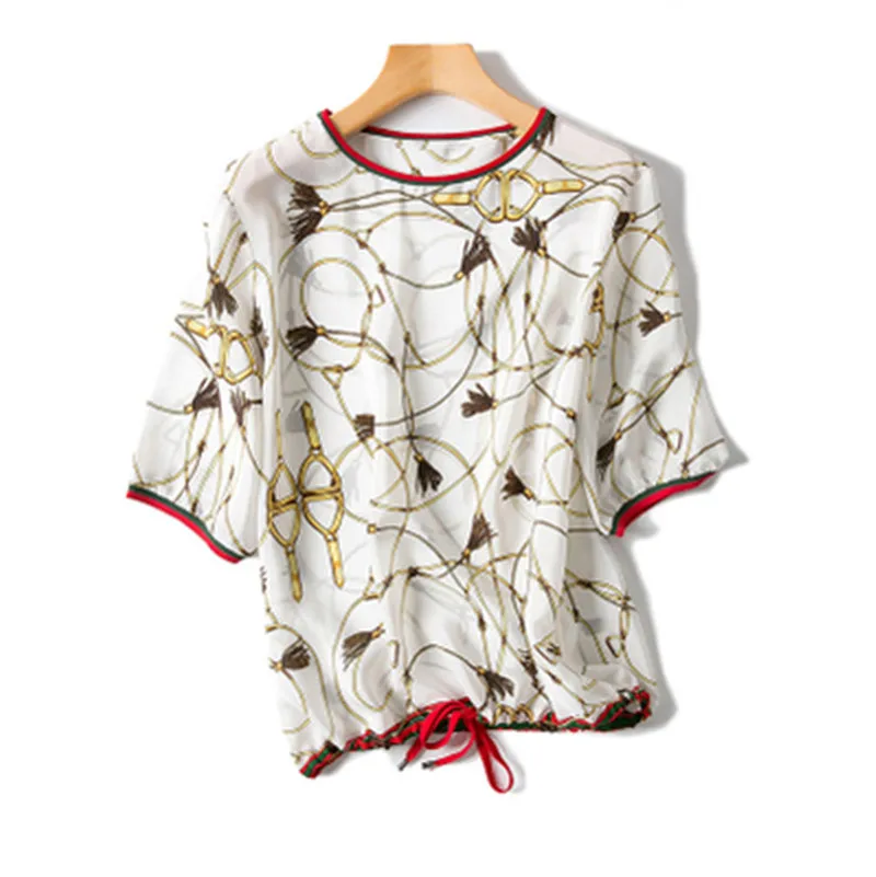 

women fashion vintage printed silk t-shirt oneck pullover short sleeve white 2color one&over size