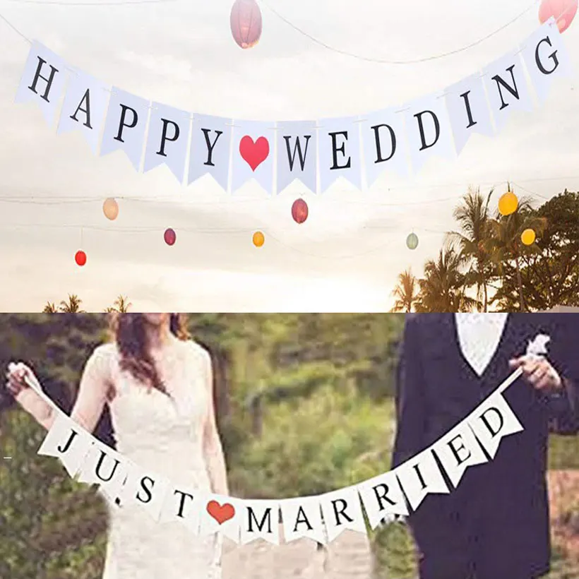 

Village White Just Married Happy Wedding Bunting Banner Photo Booth Props Romantic Paty Paper Photobooth Decoration