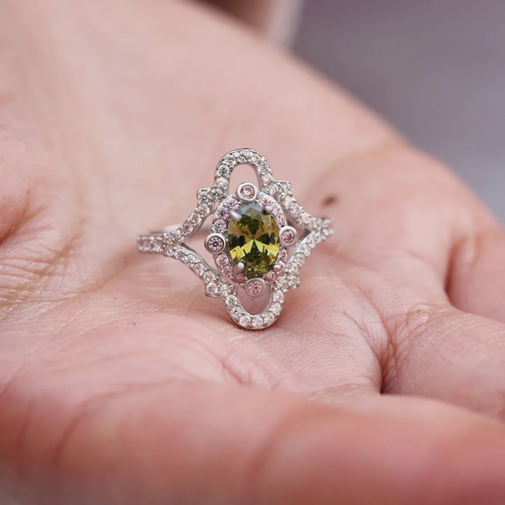 Female Gold Plating Oval Double Colors Green Yellow Zircon Big Flower Surface Ring Full Rhinestone Wedding Engagement Jewelry | Украшения и