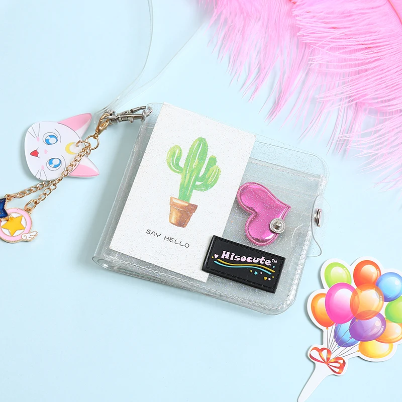 

Summer PVC Credit Card Holder With Belt Women Transparent Letter Small Wallet Laser Hasp ID Business Card Bag Girl Square Purse