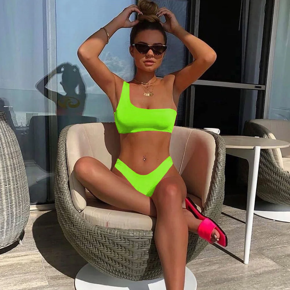 Karlofea Summer One Shoulder Asymmetric Bikini V Shape Thong Swimsuit Women Fashion Neon Green Pink Swimwear Sexy Chic Beachwear