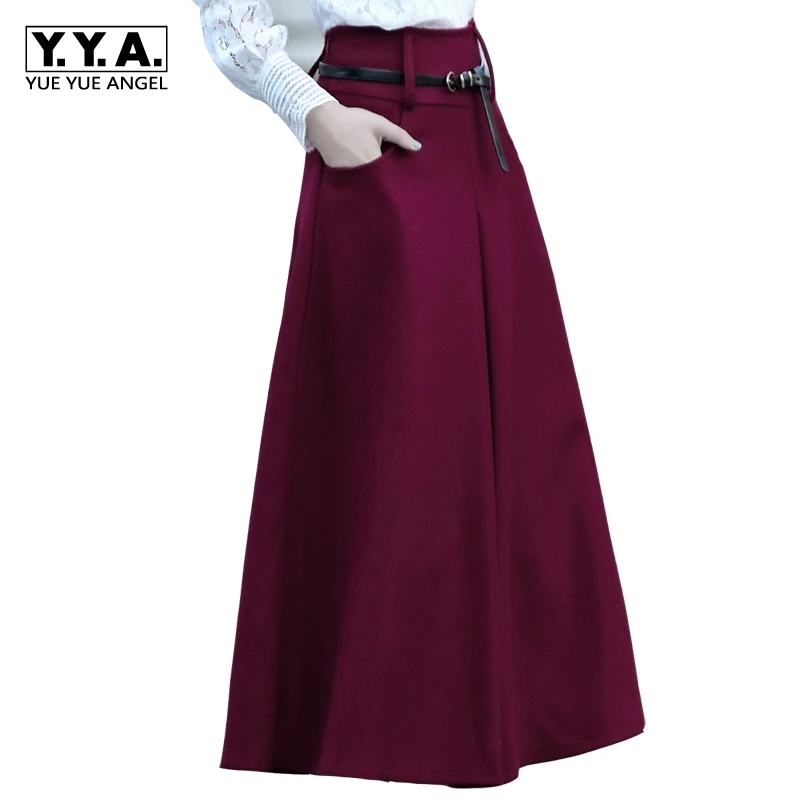 Женская шерстяная юбка с высокой талией длинная офисная трапеция поясом