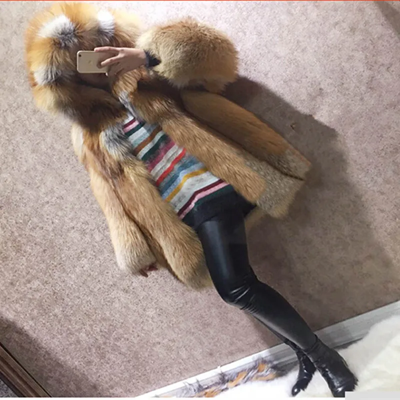 FURSARCAR Silver Fox Fur Coat Top Quality Luxury Real With Hood Thick Warm Winter Jacket Full Pelt Natural Fur Outwear 2021 New