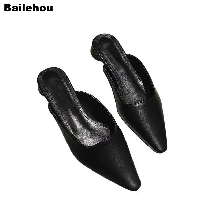 

Bailehou 2019 New Spring Women Slippers Pointed Toe Low Heel Mule Shoes Slip On Slides PU Leather Casual Shoes Summer Flip Flops