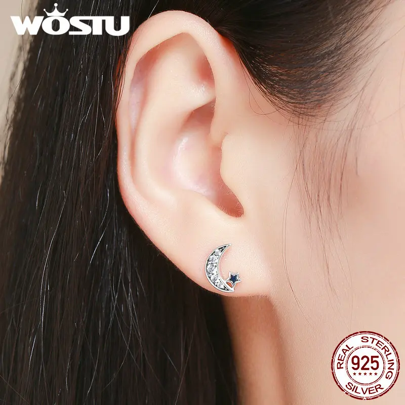 WOSTU 100% 925 стерлингового серебра замечательный Ночная Луна и серьги-гвоздики