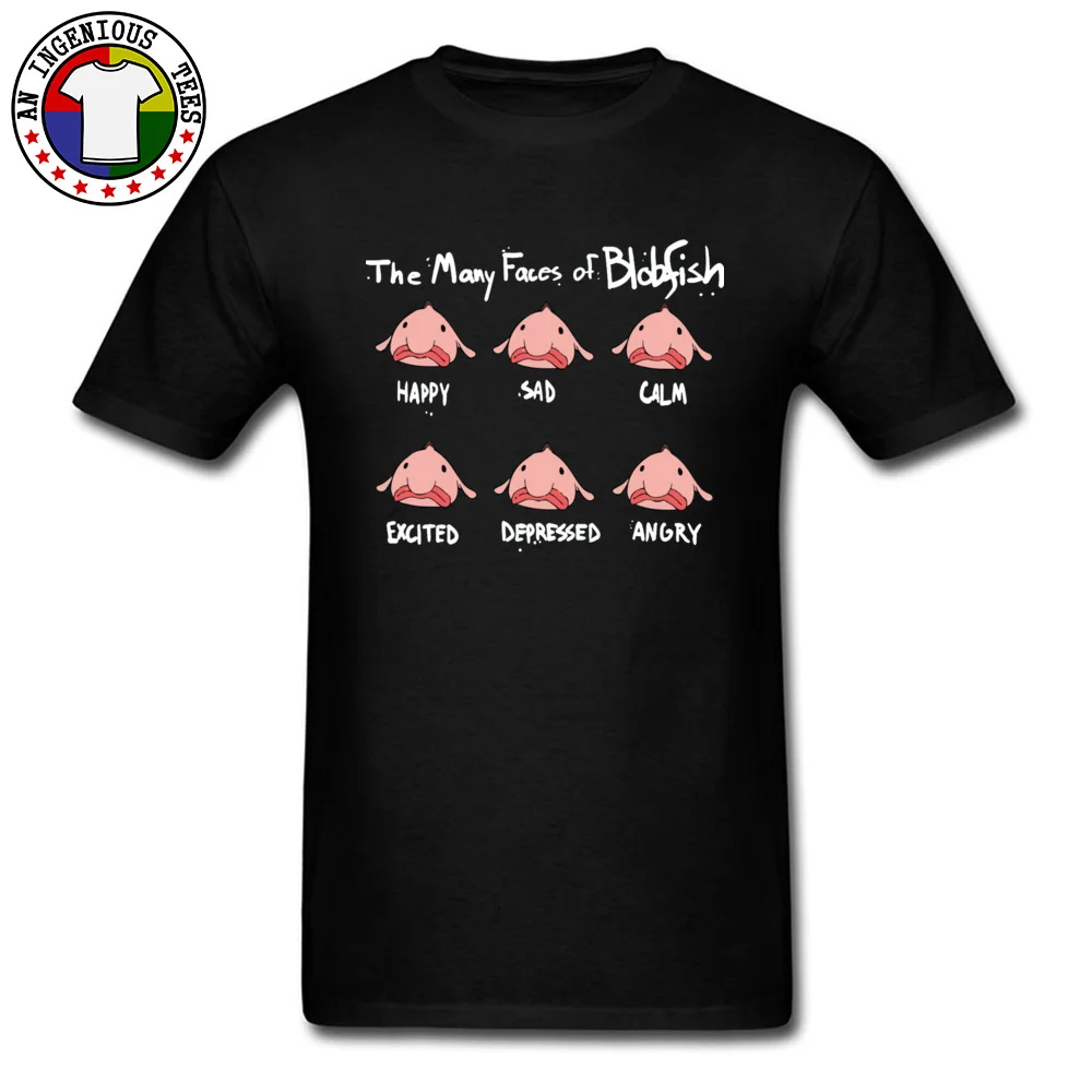 Le molte facce di Blobfish Cute Fish Black T Shirt 100% Cotton girocollo T-Shirt da uomo Cartoon T-Shirt stampata personalizzato all'ingrosso