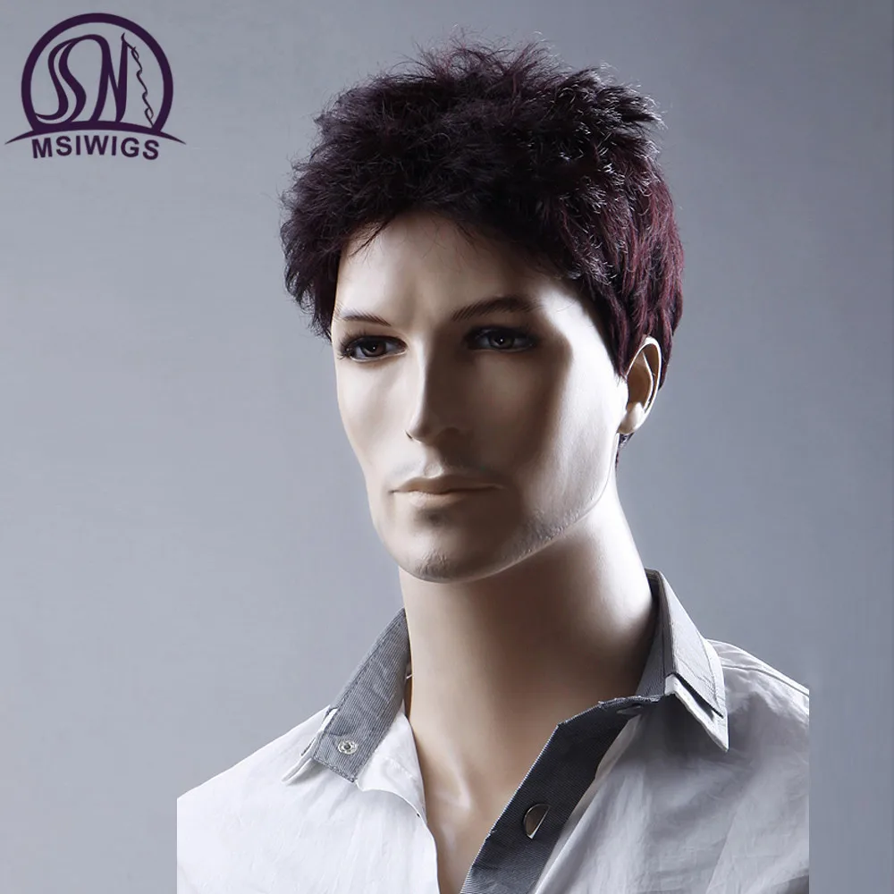 MSI Wigs 6 дюймов короткие прямые парики для мужчин цвет красного вина парик натуральный мужской парик синтетические волокна термостойкие