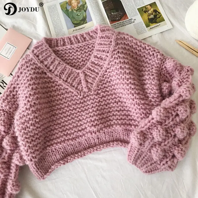 Фото JOYDU Oversized Handmade Hairball Soft Mohair Cropped Pullovers Women Sweater 2018 Winter Thick Needle V-neck Fashion Jumper Top Женская JOYDU Oversized Handmade Hairball Soft Mohair Cropped Pullovers Women Sweater 2018 Winter Thick Needle V-neck Fashion Jumper Top Женская