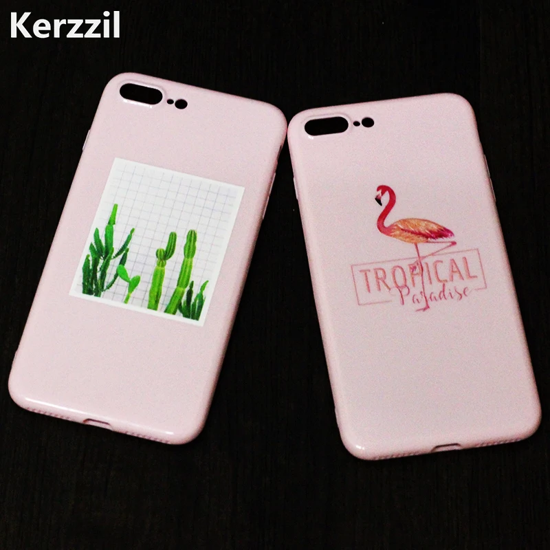 Kerzzil Cute Glossy Love Heart Phone Case For iPhone 8 7 Flamingos Cactus Flower Soft Back Cover iphone7 6 6S PLus |