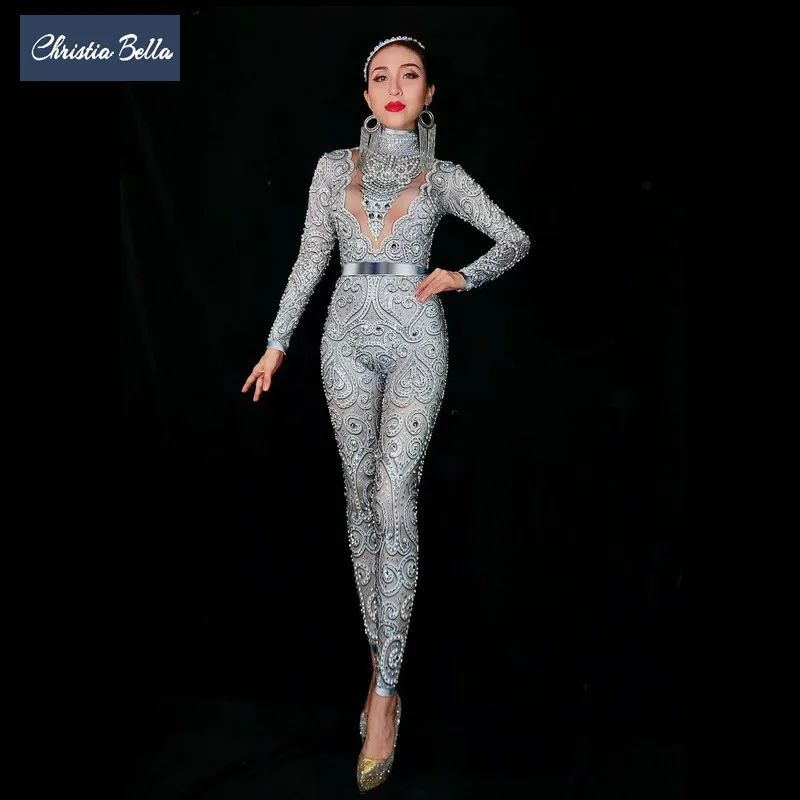 

Christia Bella Sexy Crystal Jumpsuits Silver Rhinestone Bodysuit Women Skinny Leotard Party Costumes Singer Dancer Stage Outfits