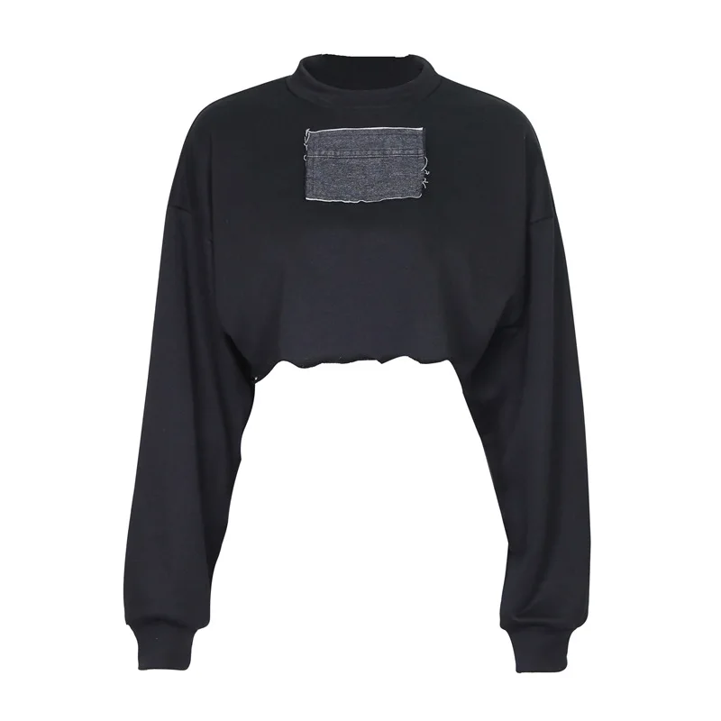 Супер модный Hi Q хлопок длинный рукав черный Midriff свитшоты женские хип хоп