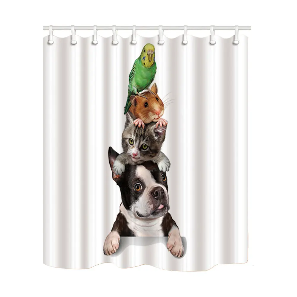 

Home Decoration Shower Curtains Funny Dog and Cat Printing Bath Screens Polyester Fabric Waterproof Mildew Proof with 12 Hooks