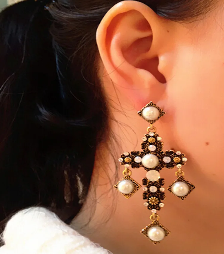 New Arrival Baroque Crystal Black Pearl Flower Big cross Long Earrings Bridal Vintage For Women Jewelry Wedding Brinco | Украшения и