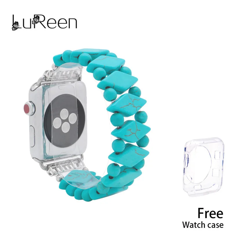 LuReen Бирюзовый ремешок для часов ручной работы для iWatch Apple, эластичный ремешок для часов, женский ремешок для часов 38 мм/42 мм, браслет