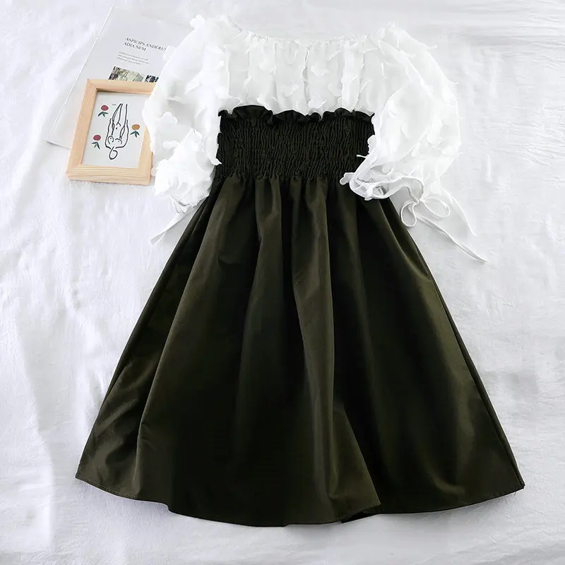 Women Dress Для женщин летние Slash шеи Половина Фонари рукав бандаж, с цветочками, с ремешком в виде буквы; шифоновое плиссированное платье Винтаж эластичные тонкие вуаль вечерние мини-платье - Цвет: Women Dress