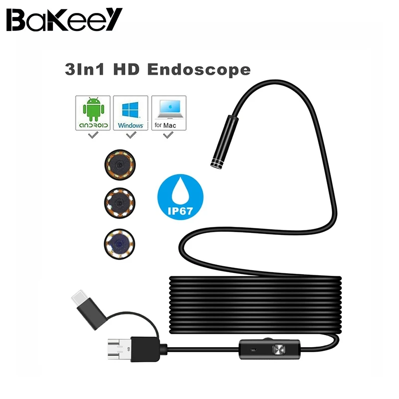 Bakeey 3 в 1 7 мм 6Led type C Micro USB эндоскоп Инспекционная камера мягкий кабель для Android PC