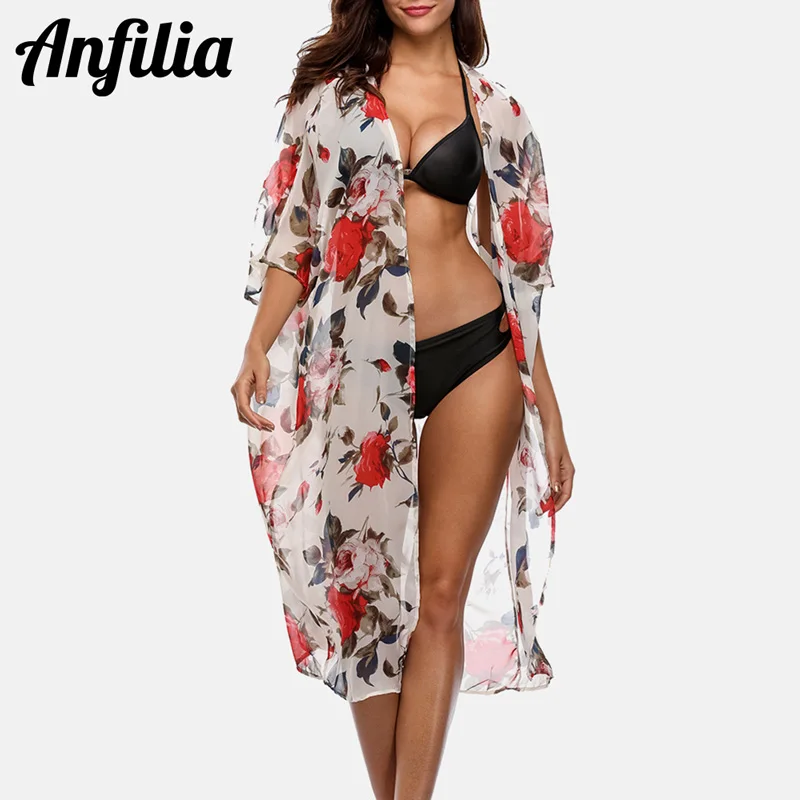 9043WHI Женское кимоно Anfilia, сексуальное бикини, шифон, накидка, кардиган, купальник, пляжная одежда - Цвет: 9043WHI