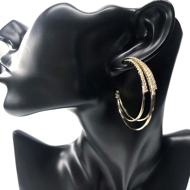 2019 Hyperbole Multilayer Big Round Hoop Earrings Shining Gold Silver Color Rhinestone Earring for Women Girl Wedding Party | Украшения и