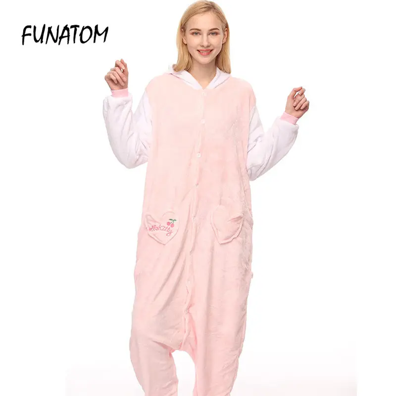 Розовый KT Cat Kigurumi Onesie взрослых для женщин животных пижамы девочек Теплые мягкие